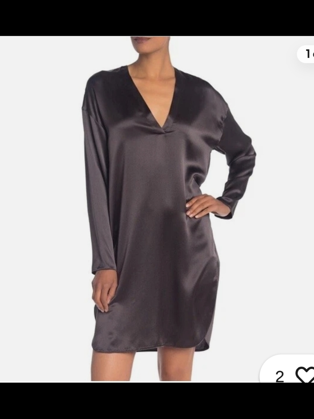 Vince Charcoal Satin V-Neck Long Sleeve Chemise